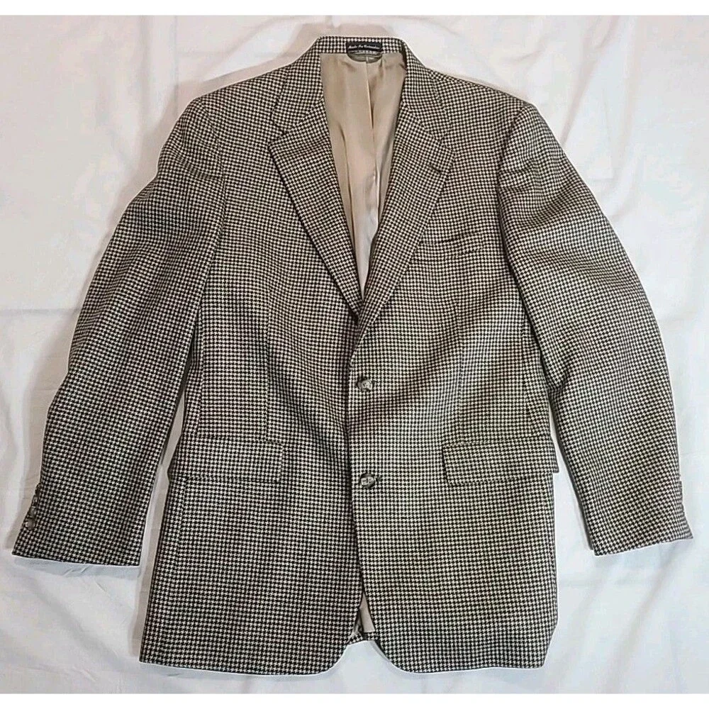 Roundtree & Yorke Men Blazer Sport Coat Suit Jacket Wool Houndstooth Tweed 42L